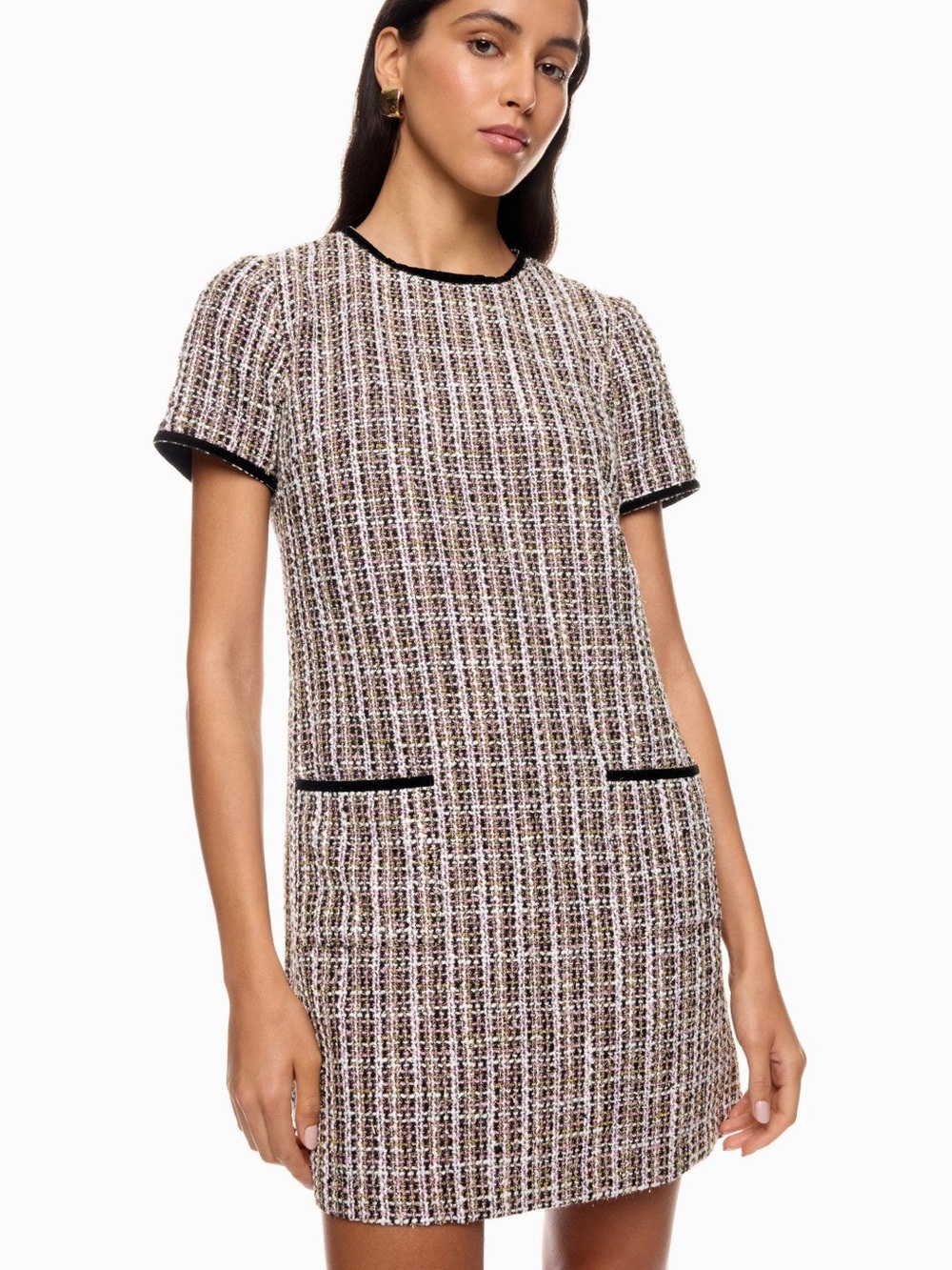 CeCe Tweed Shift Dress with Patch Pockets, Black/Pink/Gold/White, Size 4